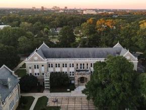 Aerial view of LTSS campus with City of Columbia skyline